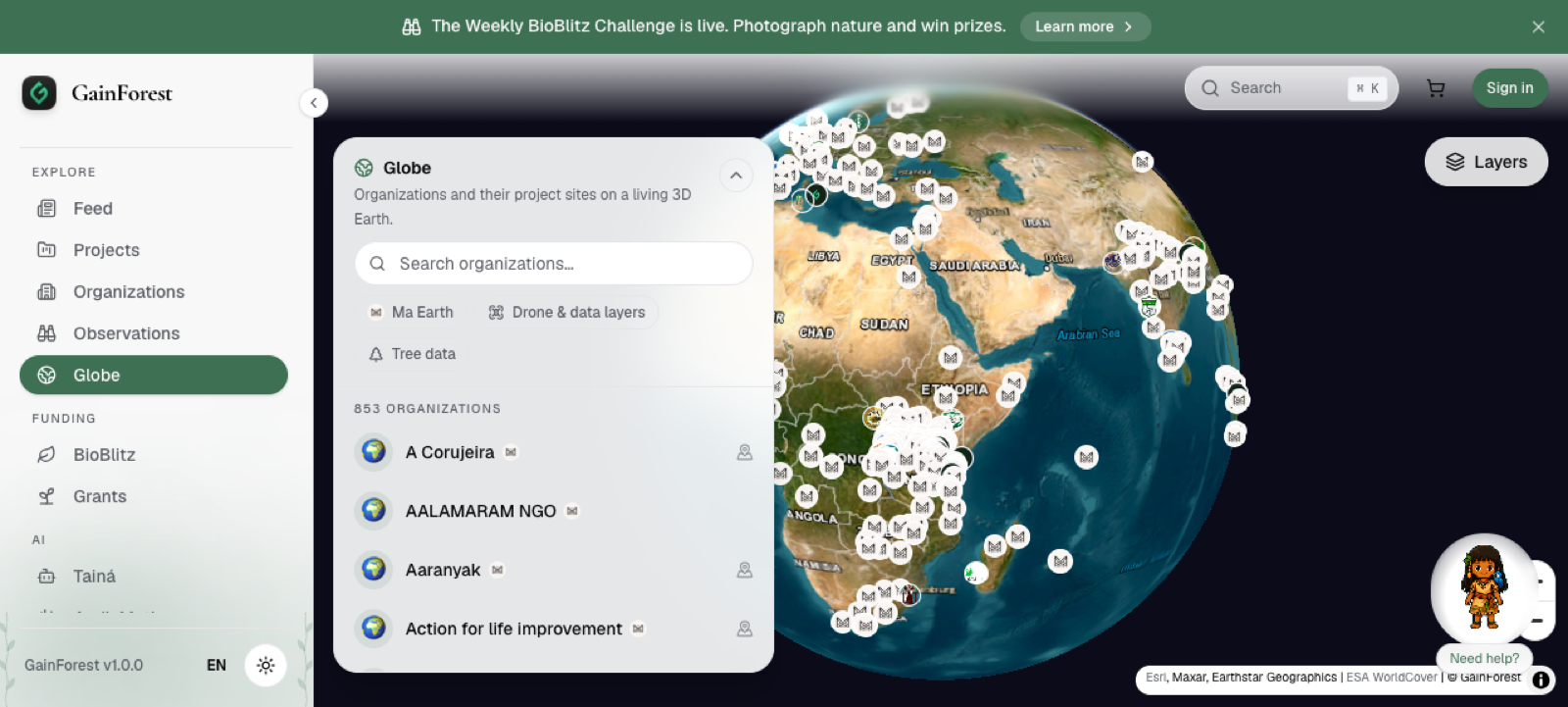 GainForest.app Globe showing organizations and mapped project sites