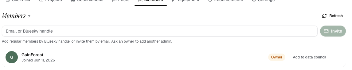 Organization members list showing invite field, owner, admin, member, and Data Council options