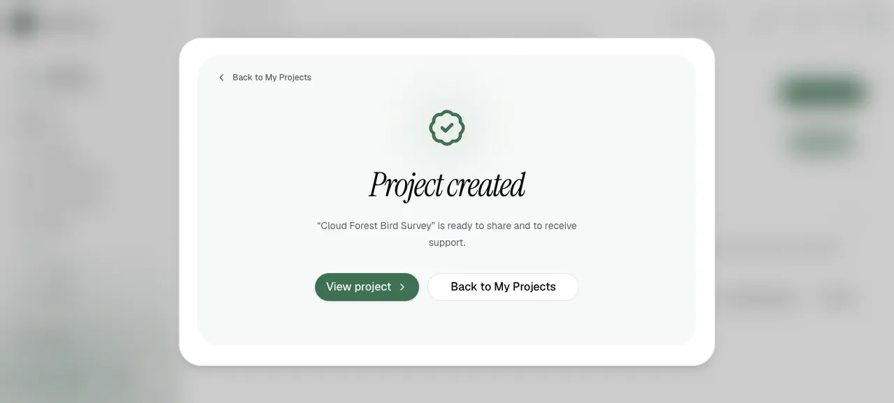 Project created confirmation screen