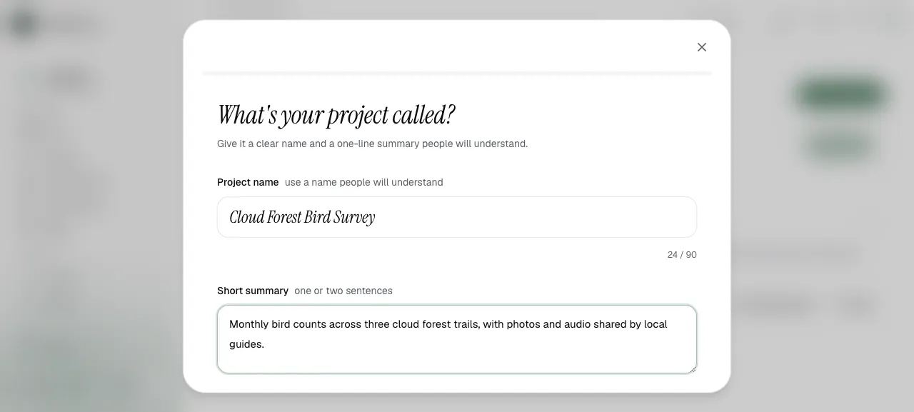 Project creation screen for name and short summary