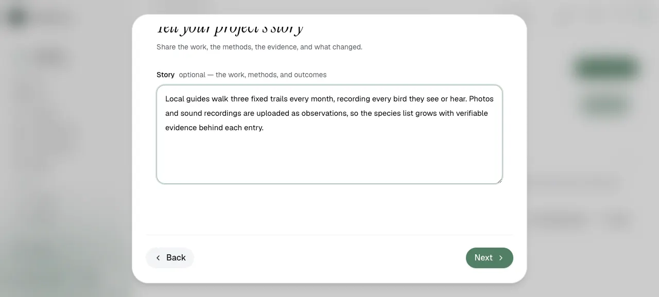 Project creation screen for project story