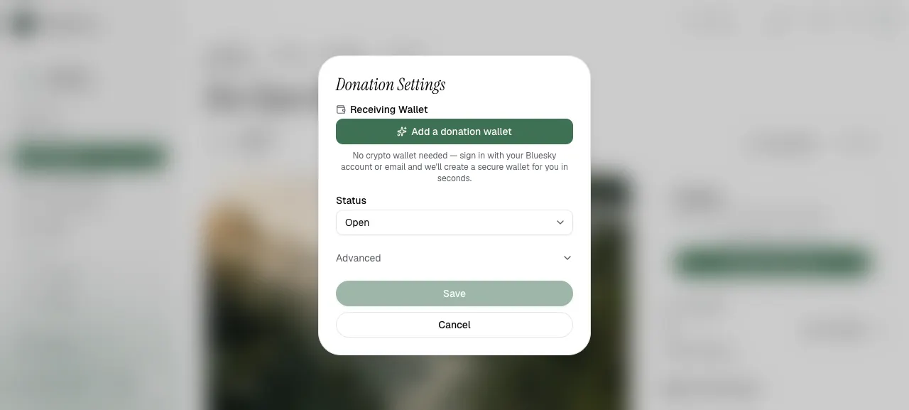 Donation Settings modal with Add a donation wallet button